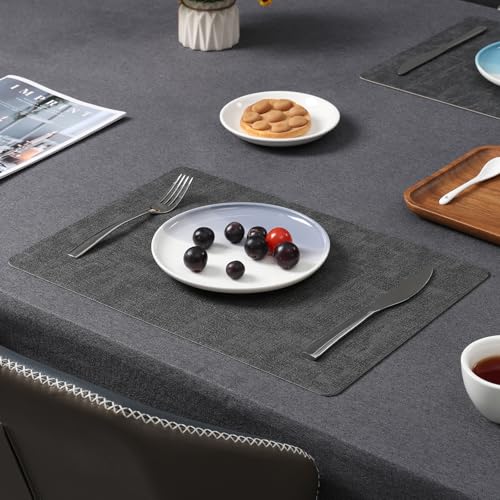 Myir JUN Tischsets Abwaschbar Leder und Untersetzer, Doppelseitigen Platzset rutschfest Platzdeckchen Kunstleder (Grau Beige, 4er Set)