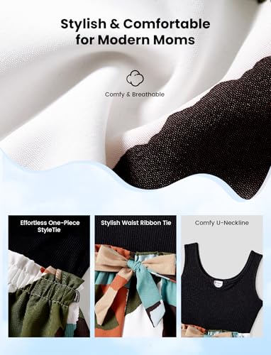 Image of PATPAT Mom and Daughter Matching Jumpsuits - Black Tank Top with Floral Wide-Leg Shorts