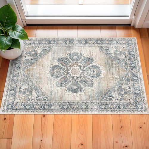 Washable 2x3 Entryway Area Rug: Non Slip Door Mat Indoor Vintage Soft Kitchen Floor Mat with Rubber Backing for Living Room Bedroom Bathroom Non Shedding Carpet Runner (Blue, 2X3)