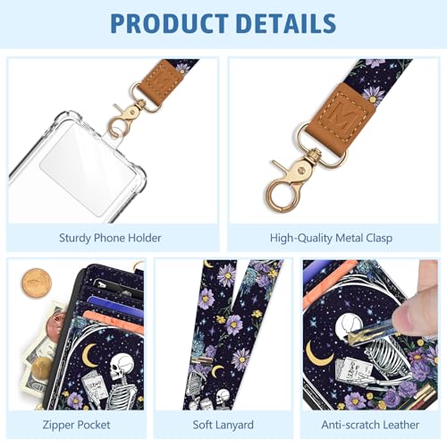 Goth Skeleton Book Lanyard Wallet with ID Badge Holder, Flowers Moon Star Small RFID Wallet Women Keychain Wristlet, Slim Credit Card Holder with Zipper Pocket Phone Lanyard Wrist Strap Office Teacher