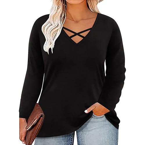 CARCOS Plus Size Tops for Women Long Sleeve Fall Tunic Color Block Camo/Plaid/Leopard/Fall Blouse Crewneck Tshirt XL-5XL