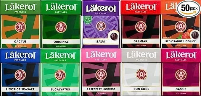 Läkerol (Lakerol) Set Mix 50 cajas x 25g - Elige Cualquier 50 paquetes de muchos sabores Suecos - Sin azúcar - Salmiak - Regaliz - Pastillas - Grageas - Caramelos - Dulces