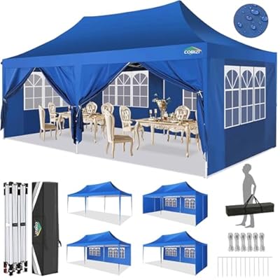COBIZI 10x20 Pop Up Canopy Tent with Sidewalls,Party Tent Outdoor Gazebos, Waterproof & UV50+,3 Adjustable Heights,Higher Frame Design - Extra Tall for Parties Backyard,Weddings,Markets, Blue