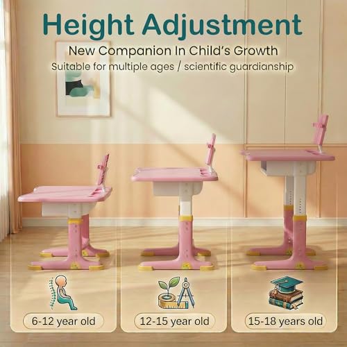 Image of StarAndDaisy Study Table for Kids 5-12 Years Boys & Girls, Adjustable Height Study Table & Chair Set for Kids /Baby, Children with Book Holder & Storage & LED Light, Wide Deck - Pink