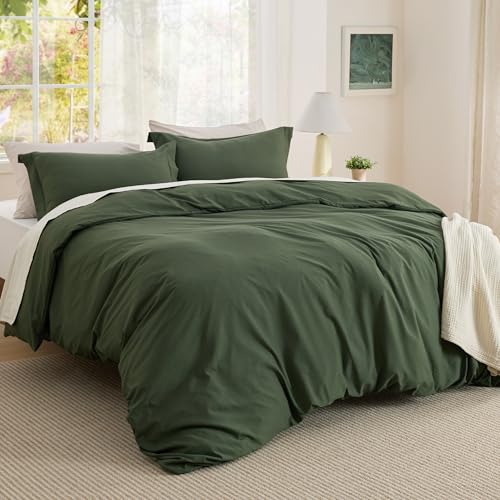 Image of Bedsure Textured Duvet Cover Queen Size - Cotton-Like Polyester Jacquard Duvet Cover Set for All Seasons - 3 Pieces Soft Bedding Set with 2 Pillow Shams, NO Comforter (Olive Green, Queen, 90 inchx90 inch)