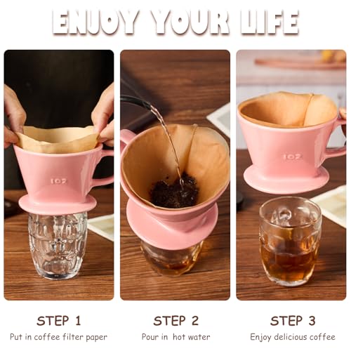 Image of Pour Over Coffee Dripper, Ceramic Pour Over Coffee Maker, Pink | 3 Holes Flat Bottom, Easy Manual Brew Maker, Porcelain Slow Filter Cone for Travel, Camping, Office, Home
