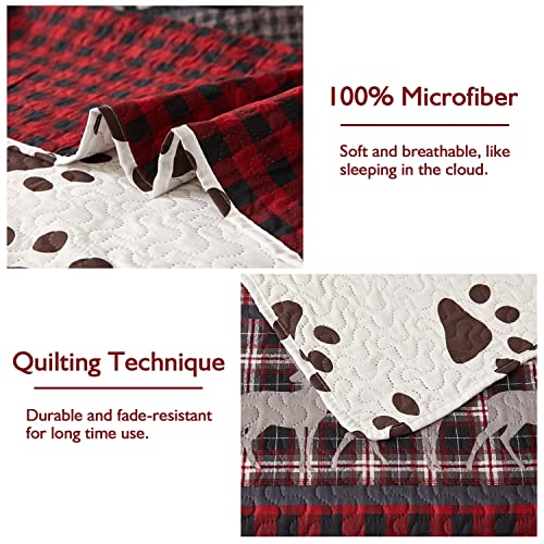 King Size Quilt Set Lodge Rustic Quilt Bedding Set King Size Bedspread Coverlet Lightweight Reversible Home Quilt Red Black Buffalo Plaid Quilt Bed Spread Country Cabin Forest Moose Bear Bedding #TOP4