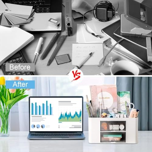 Image of Recluse White Plastic Table Organiser,Desk Organiser with 5 Compartments and 2 Small Drawers Organizer for Home or School,Office Organiser,Small Items Such as Stationery and Remote Control
