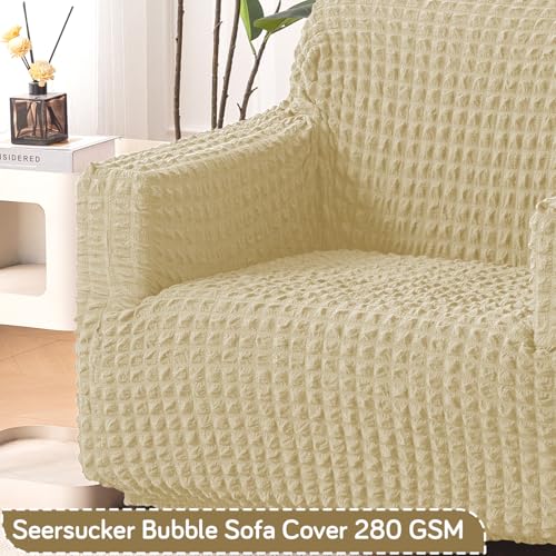 Image of HOKIPO 'Aria Nova' Elastic Stretchable 280 GSM Bubble Sofa Cover for 1 Seater, Beige (AR-6208-BGE)