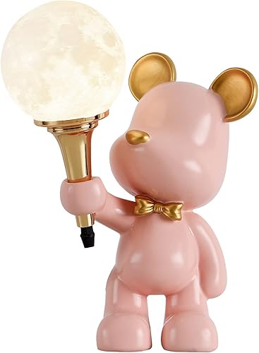 JKTOLKY Lámpara de mesa de dibujos animados para niños, lámpara de noche LED de oso, cuerpo de lámpara de resina con pantalla de vidrio esmerilado,