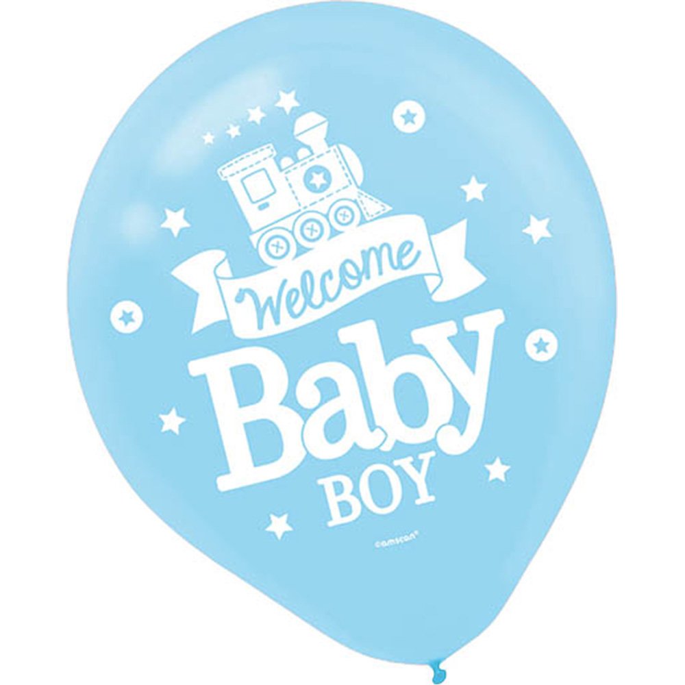 amscan Charming Welcome Little One Boy Printed Latex Balloons Baby Shower Party Decorations, 12", Blue/White/Green