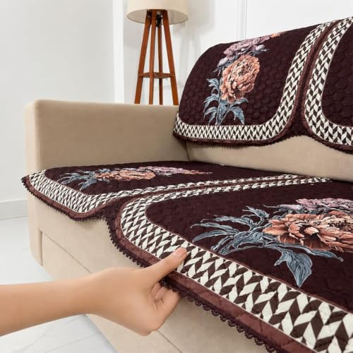 Image of Homerz 'Brooklyn Series' Premium Sofa Cover | Quilted Floral Design | Non-Slip Washable Sofa Protector | Soft Anti Slip Fabric (Ny Brown, 2 Seater, Seat Cover with Backrest)