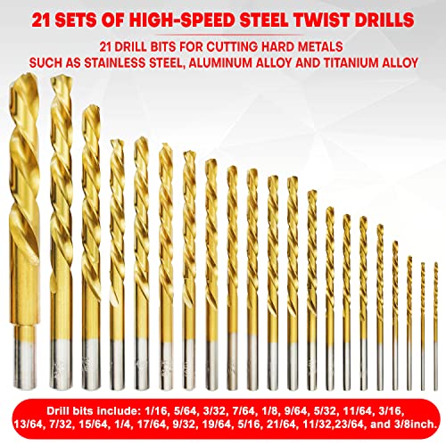 Image of YIYITOOLS Titanium Twist Drill Bit Set 21 Piece Fit for Cutting Hard Metals，Such as Stainless Steel, Aluminum Alloy and Titanium Alloy 21 Pieces