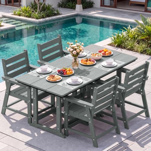 Image of 5-Piece Dining Set, HDPE Table & 4 Chairs, Grey | HDPE Dining Set: 69.1 inch Table + 4 Chairs, 380 lbs, 304 Stainless, All-Weather, No Rust No Crack, Outdoor Patio Garden