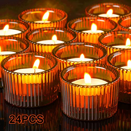 Mimorou 24 Pieces Votive Candle Holders Brown Tealight Candle Holder 2.17 X 1.38 Inch Inch Small Amber Candle Holders Tea Light #TOP14