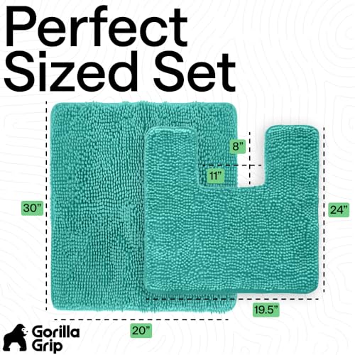 Image of GORILLA GRIP Bathroom Rug Sets, Soft Chenille 2 Piece Area Rugs Set, Toilet Base Mat and 30x20 Carpet, Absorbent Microfiber Washable Mats Dry Quickly, Home Decor and Bath Room Accessories, Turquoise