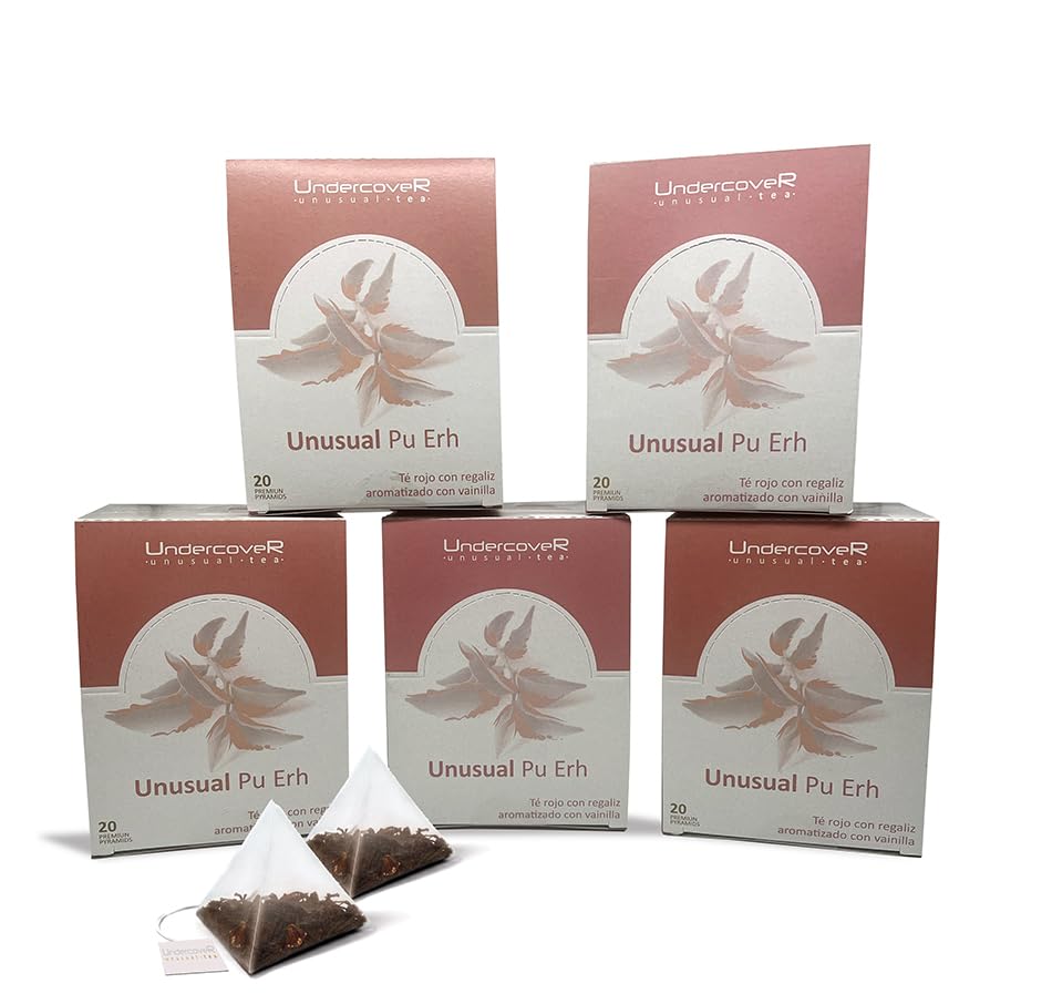 Té rojo pu-erh 100% Natural -Origen china- Leve Cocción, Perfecto Antioxidante y Diurético (Pack de 5 estuches de 20 piramides cada uno, Té rojo Pu erh)