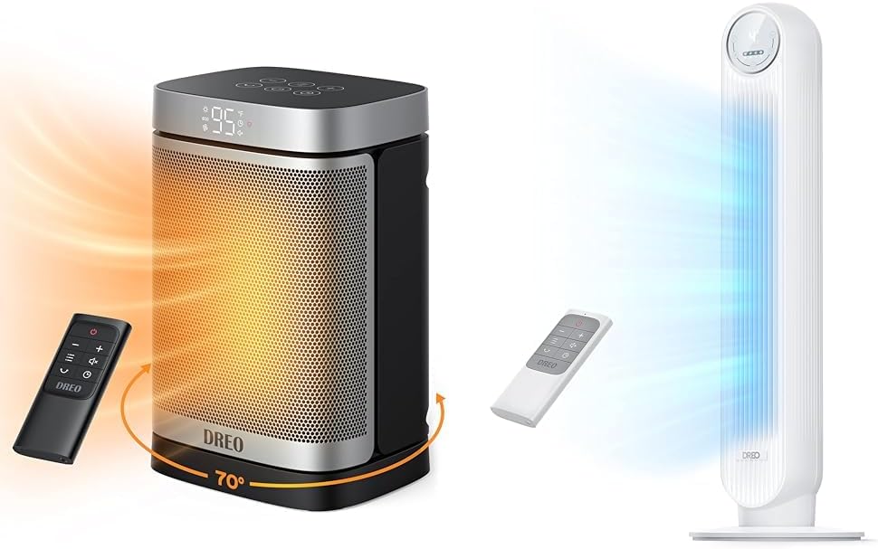 Dreo 1500W Space Heater with Remote and 25ft/s Quiet Oscillating Tower Fan for Indoors