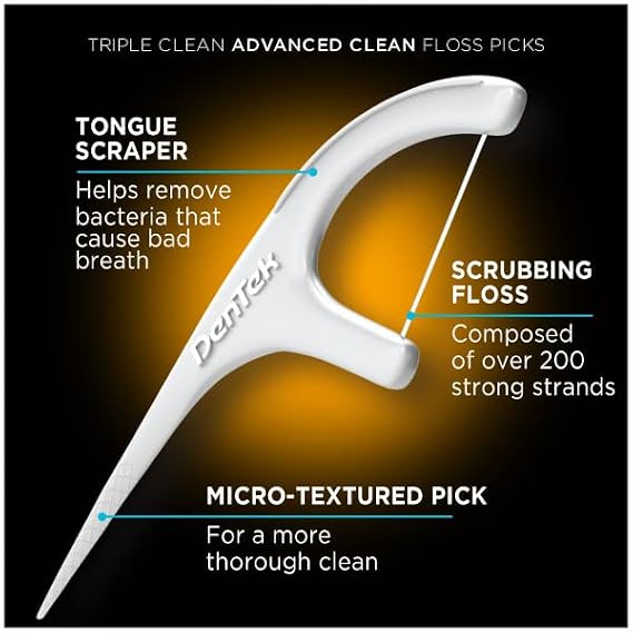 DenTek Triple Clean Advanced Clean Floss Picks, No Break & No Shred Floss, 90 Count, (Pack of 3)