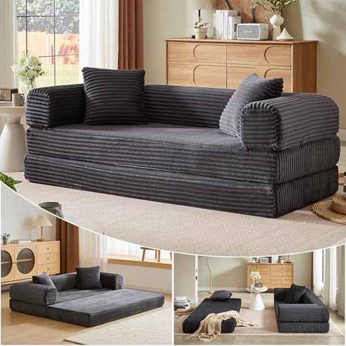 Image of 78 Inch Convertible Futon Sofa Bed,Folding Boneless Couches with Sleeper Sofa,Fold Out Floor Sofa Couch with Deep Seat,Cloud Corduroy Foldable Mattress Couch for Living Room (Dark Grey)