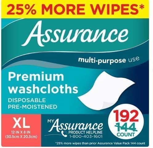 Assurance Premium Disposable Pre-Moistened Washcloths, XL 12 in x 8 in, 96 Count (Pack of 2), White