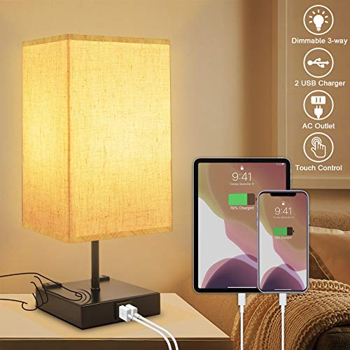 3-Way Dimmable Touch Control Table Lamp with 2 USB Charging Ports,2 AC Outlets