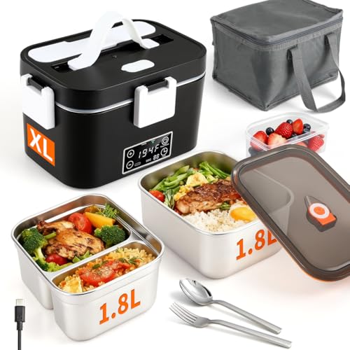 Cordless Electric Lunch Box for Adults, 80W Fast Self-Heating Food Warmer with Dual 1.8L(7.6 Cups) Containers, Temperature Control & Timer, Portable Battery-Powered Heated Lunch Box for Work, Outdoors