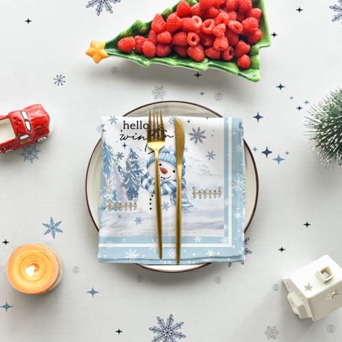 Horaldaily Christmas Tablecloth 60×84 Inch Rectangular, Blue Snowman Pine Snow Washable Table Cover for Party Picnic Dinner Decor – Image 5