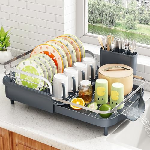 Image of SAYZH Dish Drying Rack - Expandable Dish Rack for Kitchen Counter, Rust-Resistant Dish Drainer with Utensil Holder and Raised Guardrail, Kitchen Organizer for Cup and Bottle (Grey)