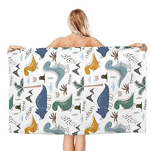 DADABULIU バスタオル 人気 タオル 恐竜 ジュラ紀 スピノサウルス ヤシの木 山柄 ボディタオル ビーチタオル 大判 マイクロファイバー ふわふわ 吸水性優れ サイズ:80cm×130p 家庭用 旅行 ホテル ジム 海 かわいい おしゃれ 高級