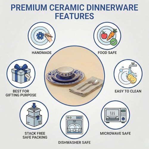 Image of Ceramic Dinner Set, Blue and White Floral Design, 18 Pieces, Microwave and Dishwasher Safe