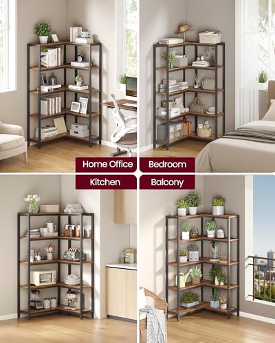 Image of VASAGLE 5 Tier Bookshelf with Metal Frame, Convertible Industrial Corner Shelf, 9.4 x 40.2 x 55.9 Inches, for Living Room, Bedroom, Home Office, Rustic Brown and Ink Black ULLS605KD01