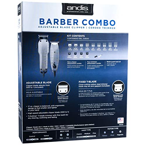 Andis Barber Combo-Powerful High-Speed Adjustable Clipper Blade & T-Outliner T-Blade Trimmer With Fine Teeth For Dry Shaving, Outlining And Fading With A Beauwis Blade Brush Included #TOP7