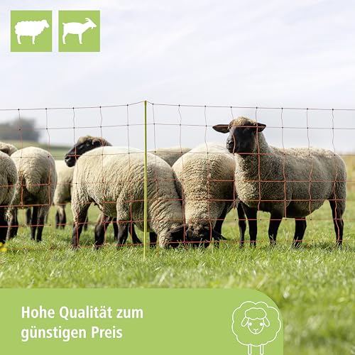 Kerbl Hobbyfarming Schafnetz ClassicNet, mobiler Weidezaun, Weidenetz, Doppelspitze, orange, 50m x 108cm, 13 Pfähle, 3 Jahre Garantie auf UV-Stabilität