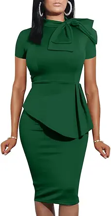 LAGSHIAN Women Fashion Peplum Bodycon Short Sleeve Bow Club Ruffle Pencil Party Dress