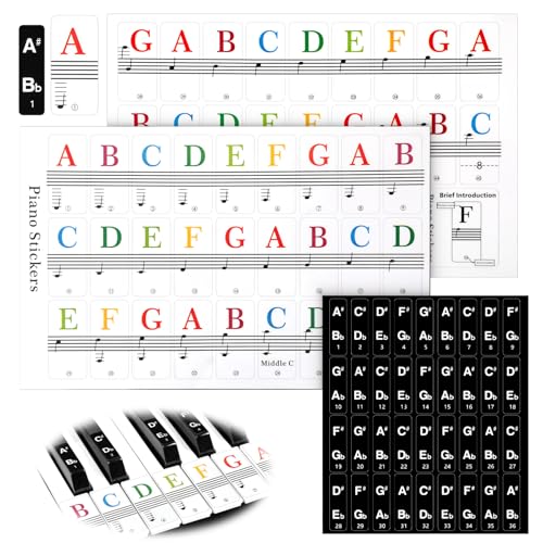 Keyboard Noten Aufkleber Bunt Noten-Aufkleber Klaviertasten Aufkleber 37/49/54/61/88 Tasten Klavieraufkleber Weiße und Schwarze für Keyboards Piano Lernen Anfänger Transparent Entfernbar
