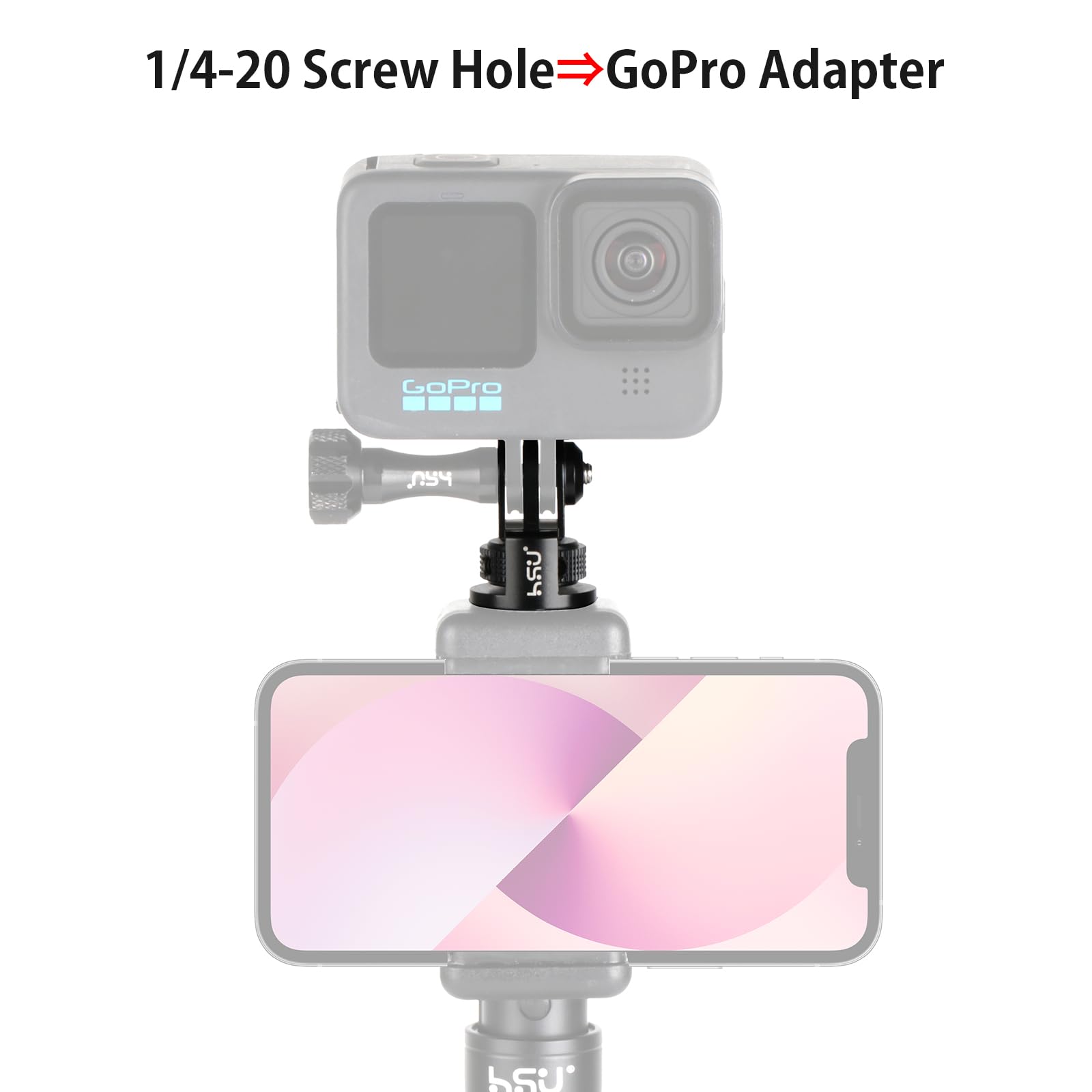 HSU Aluminiowy uchwyt kamery sportowej do adaptera śrubowego 1/10.2 cm-20 do GoPro Hero 13/12/11/10/9/8/7/6/5/4/3
