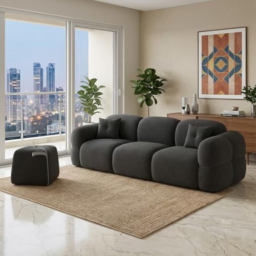 Image of FURNY Luxury Nimbus 4 Seater + Suri Pouf Sofa Set for Living Room | Boston Fabric Upholstered | Modern Cushioned Comfortable Couch for Home Office & Drawing Room | Ash Grey