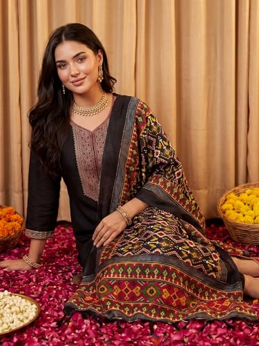 Image of INDO ERA Women's Silk Blend Embroidered Sequinned Kurta & Pant with Dupatta Set