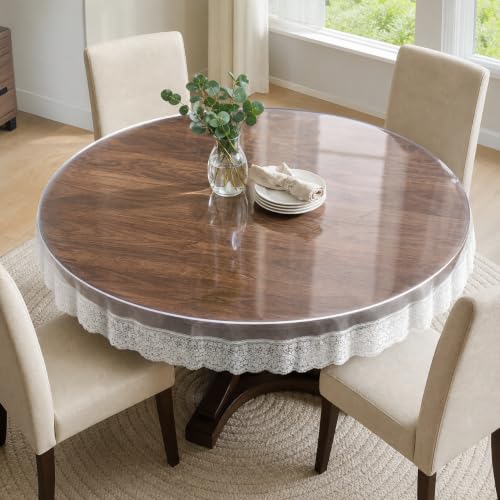 Image of CASA-NEST PVC Waterproof 4 Seater Round Table Cover with Lace (60inch, White,PVC, Pack of 1)