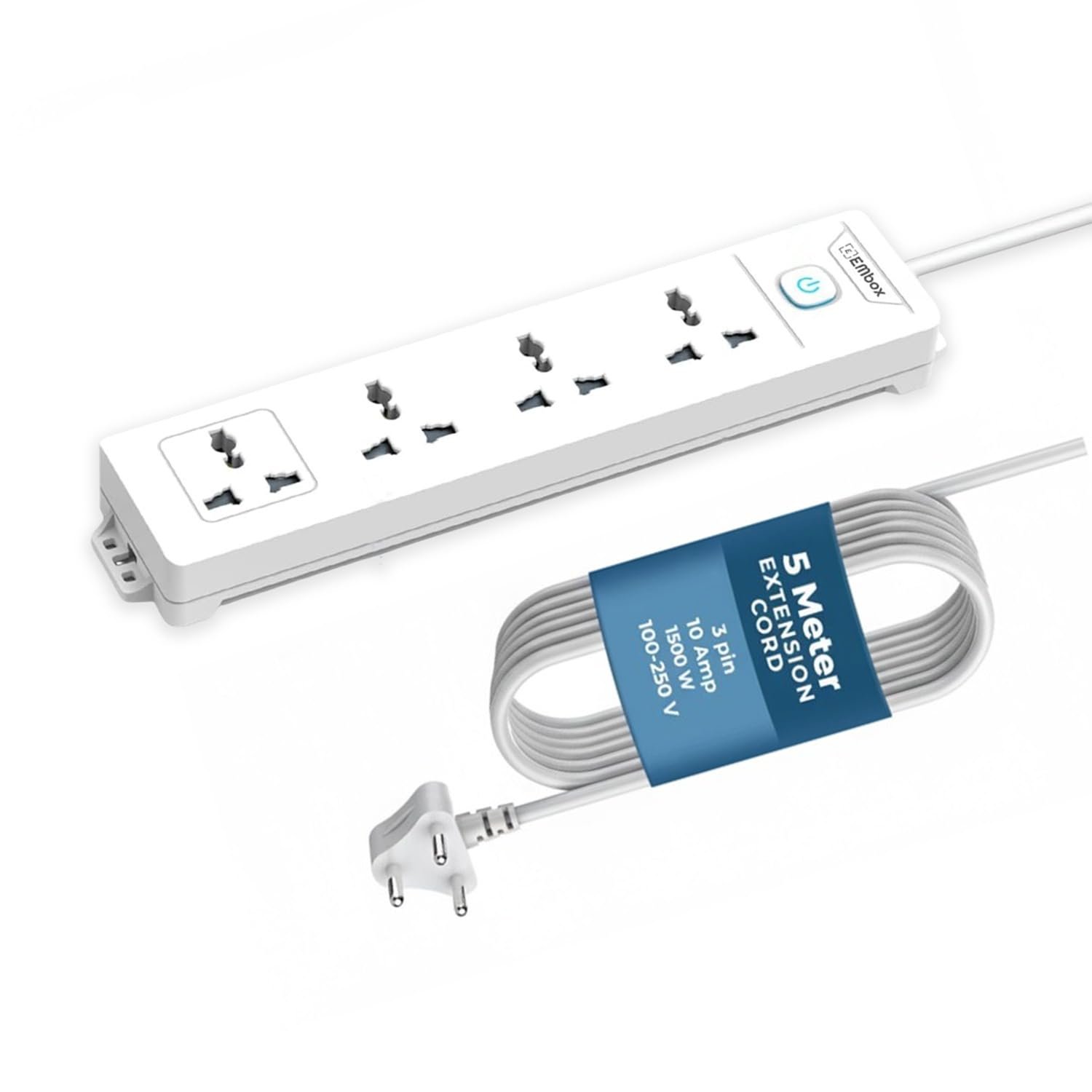 EMBOX Extension Board with Switches 2500 W, 4 Universal Sockets, Individual Switch, Safety Shutter, 6 amp Spike Guard, LED Indicator and Safety Shutter (4 Sockets+1 Master Switch 5 Meter Cord)