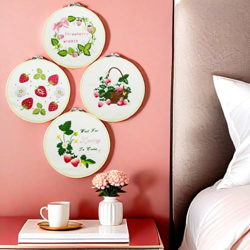Image of Speedura 4-Set Embroidery Kit for Beginners - Easy Needlepoint Starter Kit for Adults to Learn Hand Embroidery with Stamped Designs, Cross Stitch Patterns, and Fun DIY Projects (Sweet Strawberry)
