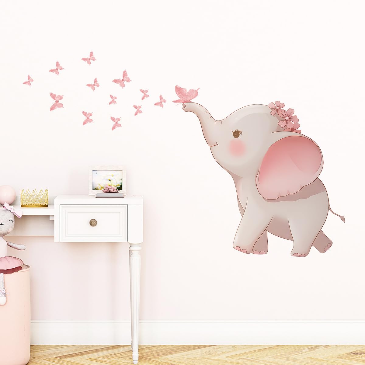 FUFUQUARE Pink Baby Elephant Blowing Butterflies Wall Stickers Cartoon Peel and Stick Wall Art Decals for Kids Girls Bedroom Playroom Living Room - Image 3