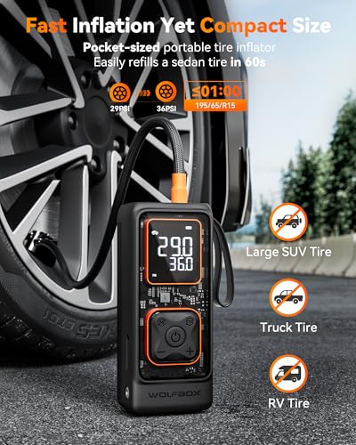 Image of WOLFBOX Cordless Tire Inflator Portable Air Compressor, 150PSI Air Pump for Car Tires, Motorcycle, Bicycle & Ball, with Smart Digital Pressure Gauge, Auto Shut-Off & LED Flashlight