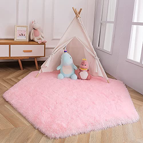 HQAYW Hexagon Rug Fluffy Area Rug, Shaggy Rugs for Bedroom Living Room, 4 x 4 6 Plush Carpets for Children Room, Girl Furry Rug - Kids Play Tent Rug Cute Cozy Home Decor Mat, Pink