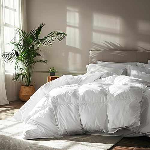 Serta Goose Feather Down Fiber Cotton Comforter Queen Size – 100% Cotton Duvet Insert – Hotel Luxury Hypoallergenic Bedding Comforter All Season Medium Warmth 90 x 90 Inch White