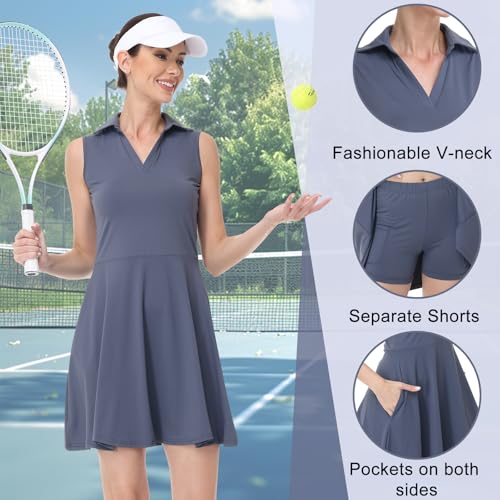 Bezioner Tenniskleid Damen mit Shorts A-Linie Sportkleid Frauen Ärmellos Golfkleid Damen mit 4 Taschen Tennis Outfit Marineblau M