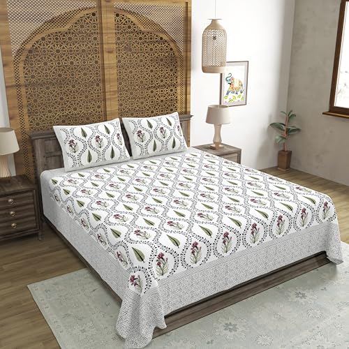 Image of BLOCKS OF INDIA Hand Block Printed 200 TC Cotton Super King Size Bedsheet(106 x 106) | Pack of 1, Pink Green Patti