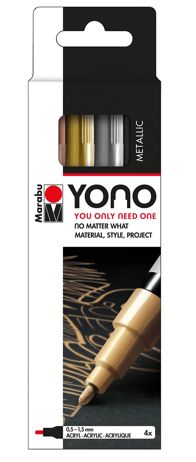 Marabu Yono Acrylic Marker Pen - Metals, Glass, Porcelain, Wood, Canvas - Assorted Colours - 4 Pack