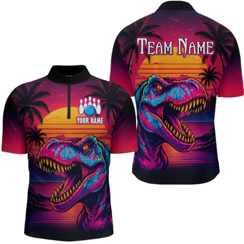Personalized Neon Dinosaur Bowling Jerseys Bowling Shirts for Men Women Bowling Outfit Bowling Team Jersey Polo & Quarter-Zip